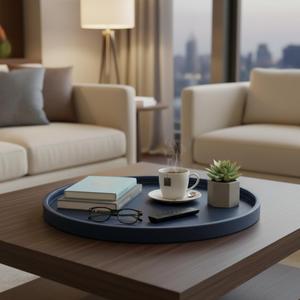 30-inch Round Ottoman Serving Tray - Textured PU Leather Coffee Table Decor, Waterproof Heat-Resistant Large Organizer for Home, Office, Bed & Party Essentials (Navy Blue, 30)