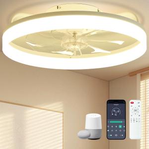 Smart Ceiling Fans with Lights Remote - 20'' WiFi Alexa Flush Mount Low Profile Modern Ceiling Fans for Bedroom - Stepless Color Temperature and 6 Speeds - White