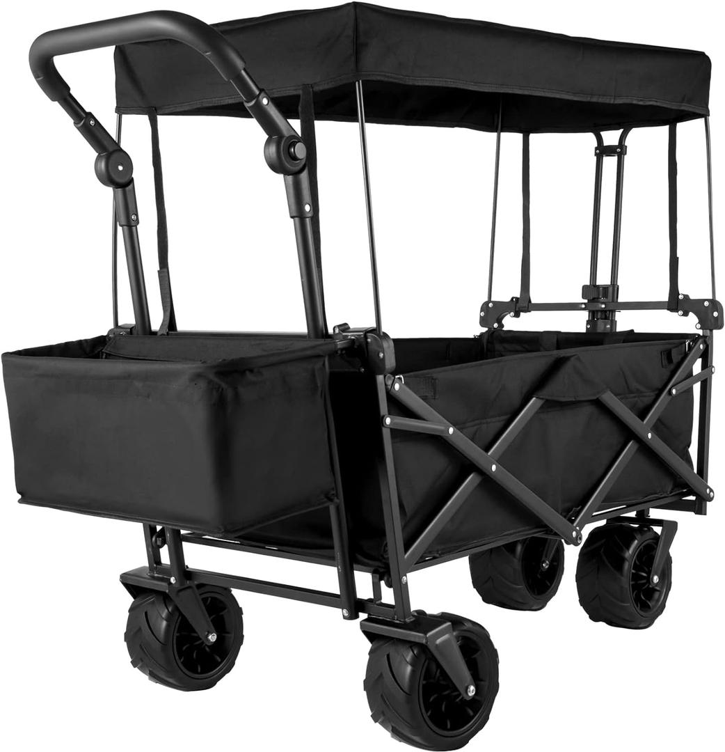 Happbuy Extra Large Collapsible Garden Cart with Removable Canopy, Folding Wagon Utility Carts with Wheels and Rear Storage, Wagon Cart for Garden, Camping, Grocery Cart, Shopping Cart, Black
