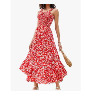 GRACE KARIN Women's 2025 Summer Floral Boho Dress Square Neck Strapped Swing A Line Sundress Beach Long Maxi Outfits M