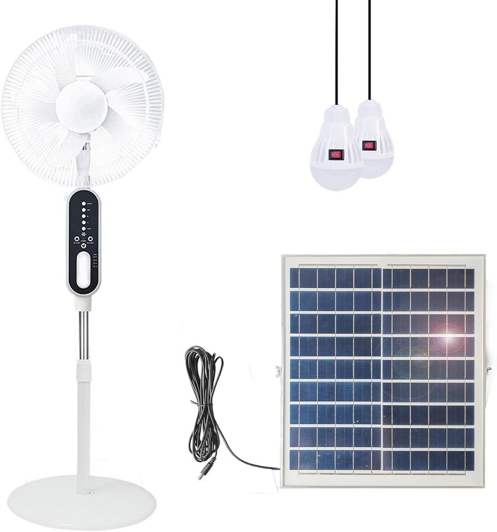 16 Inch Solar Oscillating Standing Fan,14400mAh Rechargeable Pedestal Floor Fan,Height-adjustable Suitable,Night Led Light, Solar Panel 2*LED Bulds, for Home Ofiice Bedroom, Study or Outdoor, Large