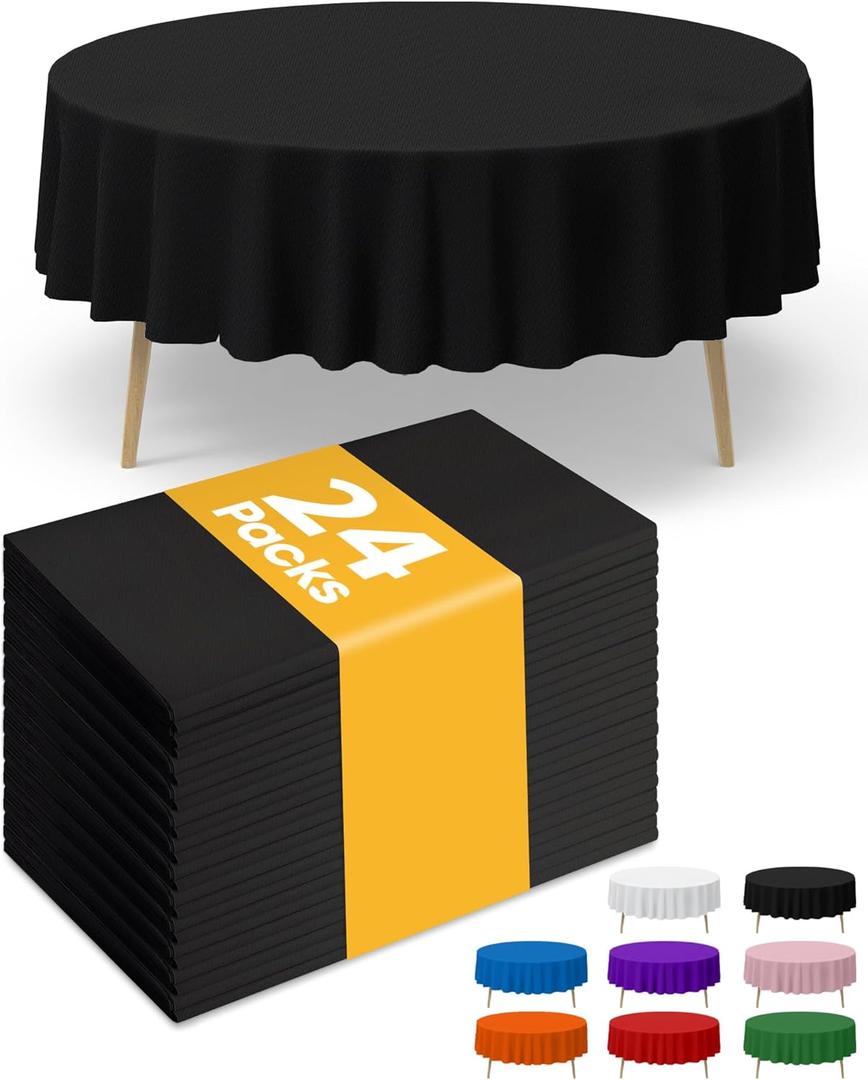 Black Plastic Table Cloth - 24 Pack 84" Round Disposable Tablecloths for Round Tables, Waterproof Table Cover for Holiday Parties & Gatherings