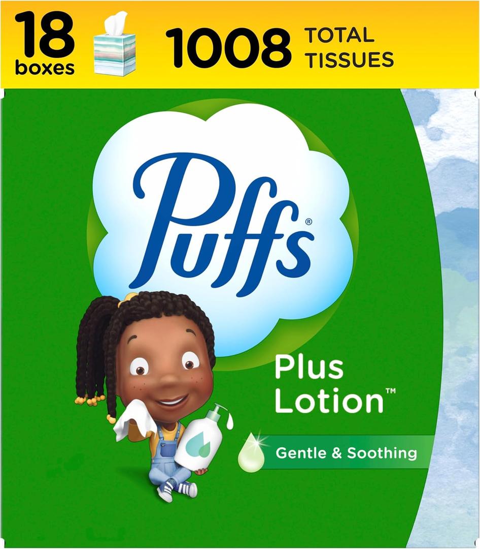 Puffs Plus Lotion Facial Tissue, 18 Cubes, 56 Tissues per Box, Allergies and Colds