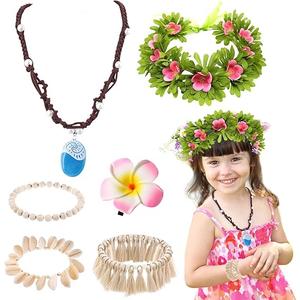 Princess Costume Accessories Set for Women Include Ocean Pendant Hawaii Flowers Garland Headband Flower Hair Clips 3 Boho Shell Anklet Hawaiian Party Costume Accessories Party Favors Dress Up Set