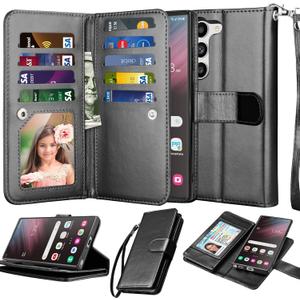 Njjex Galaxy S23 Case, for Samsung Galaxy S23 Wallet Case, [9 Card Slots] PU Leather ID Credit Holder Folio Flip [Detachable] Kickstand Magnetic Phone Cover & Lanyard for Samsung S23 [Black]