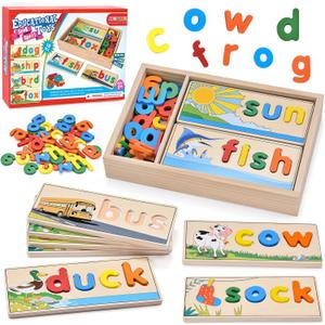 Atoylink Wooden Spell Learning Toys for 2 3 4 5 Year Old Kids Match Letter Spelling Game Board & Letters & Box, CVC Word Builder Toddler Educational Toy Kindergarten Preschool Learning Activities