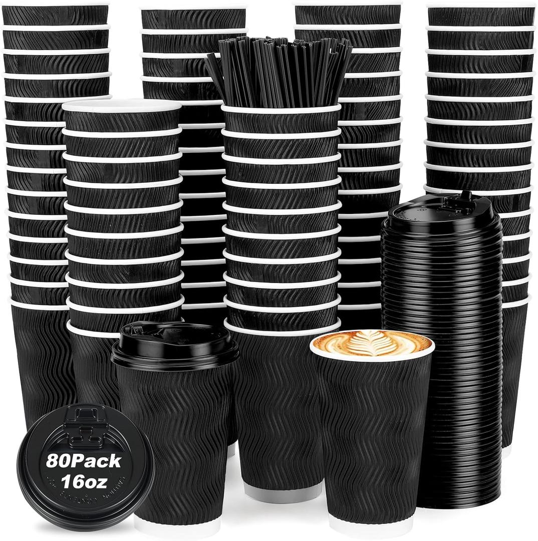 AIRE 80 Pack Coffee Cups with Lids 16 oz Disposable Coffee Cup for Hot and Cold Drinks, To Go Coffee Cup with Lids, Straws, Insulated Paper Cup Set for Home, Office, Travel, Cafe, Black