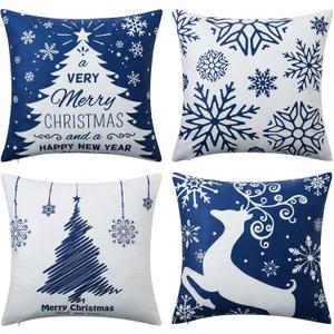 Christmas Pillow Covers 20X20 Set of 4 Navy Blue white Christmas Decorations Merry Christmas Snowflake Throw Pillow Covers Deer Xmas Tree Winter Holiday Farmhouse Decor Cushion Case for Sofa Couch