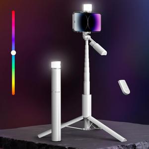BOMIDI 50'' Phone Tripod with Remote, Tripod for iPhone, 6 in 1 Selfie Stick with Light & Holder, Extendable Cell Phone Stand for Video Recording (White)