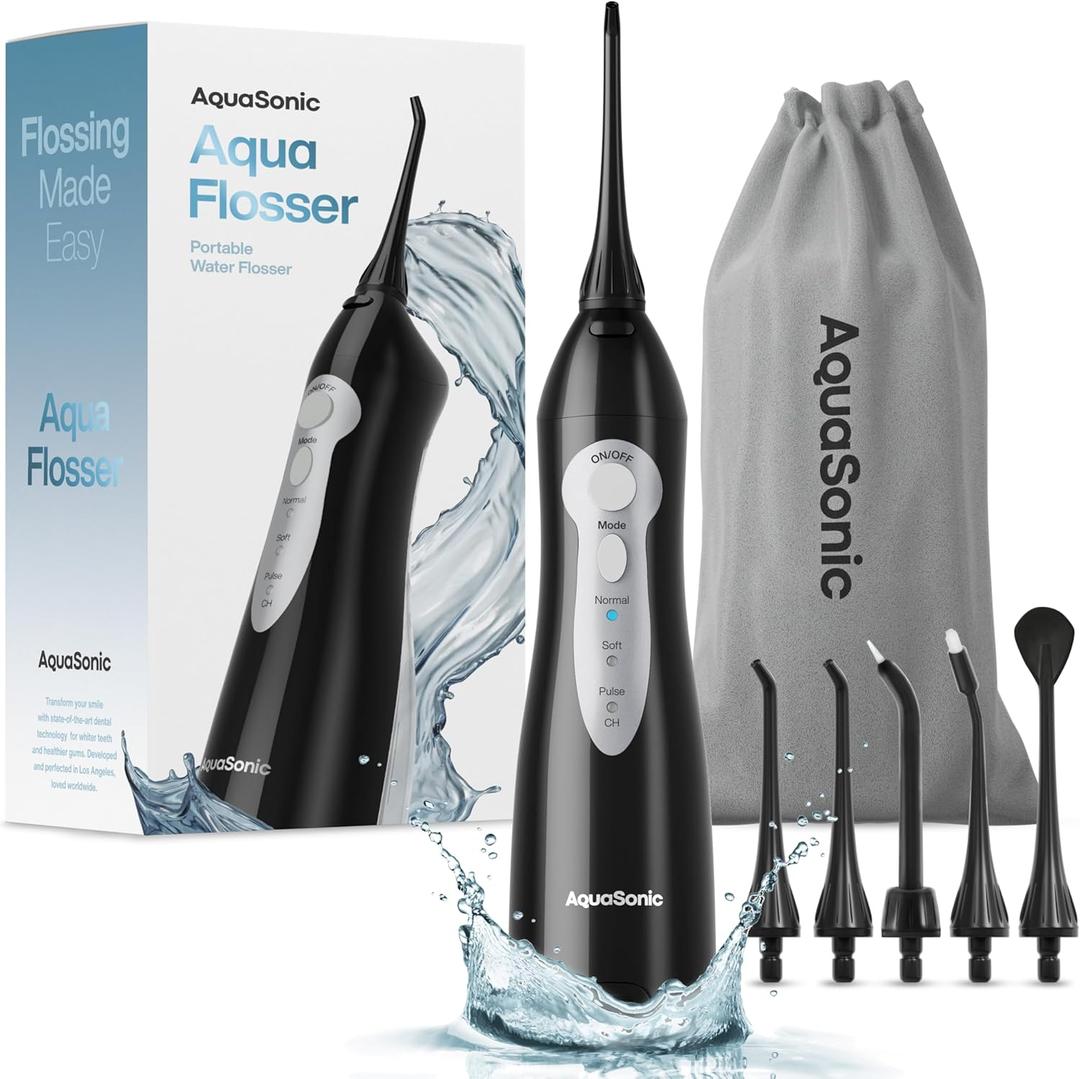 AquaSonic Aqua Flosser - Cordless Rechargeable Water Flosser for Teeth - Waterproof, Portable Oral Irrigator for Dental Cleaning with 5 Jet Tips  Braces Home Travel (Black)