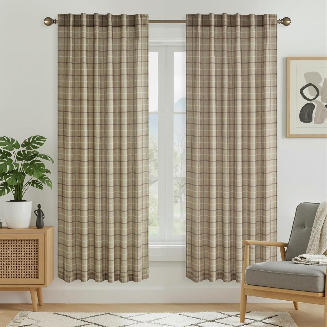 RYB HOME Farmhouse Linen Plaid Curtains Light Filtering 72 inches Long, Grid Semi-Sheer Privacy Gingham Window Drapes for Living Room Bedroom Nursery Vintage Rustic, Linen, W52 x L72 Inch, 2 Panels