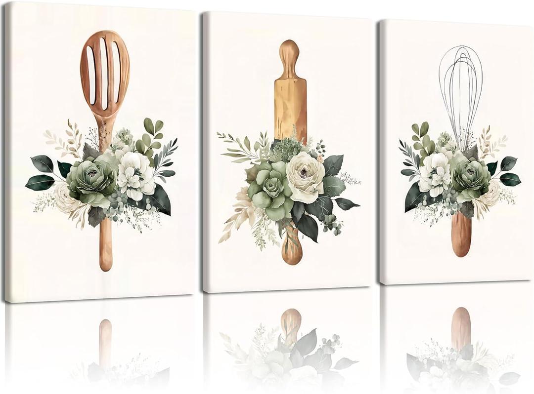Doqueodas 3pcs Sage Green Plant and Flower Kitchen Canvas Framed Wall Art, Farmhouse Countryside Cooking Utensils Painting Picture Print Poster Can Be Hanged Directly Restaurant Wall Decor 12x16 inch