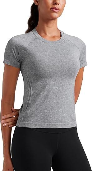 CRZ YOGA Seamless Workout Tops for Women Waist Length - Running Gym Athletic Yoga Short Sleeve Shirts Breathable Crewneck Medium