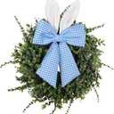 24" Easter Wreath for Front Door, Artificial Green Boxwood Spring Wreath with Bunny Ears & Blue Plaid Bow, Spring Easter Outdoor/Indoor Decor for Home Farmhouse Office Porch Wall Mantel Window