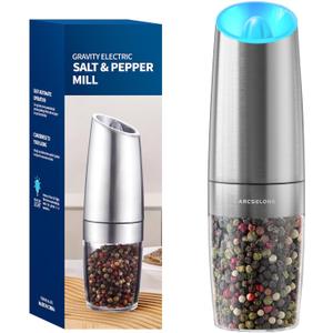 Gravity Electric Salt and Pepper Mill, Battery Operated, Adjustable Coarseness, Large Capacity Salt and Pepper Grinder With LED Light (Single, Stainless Steel-Battery)