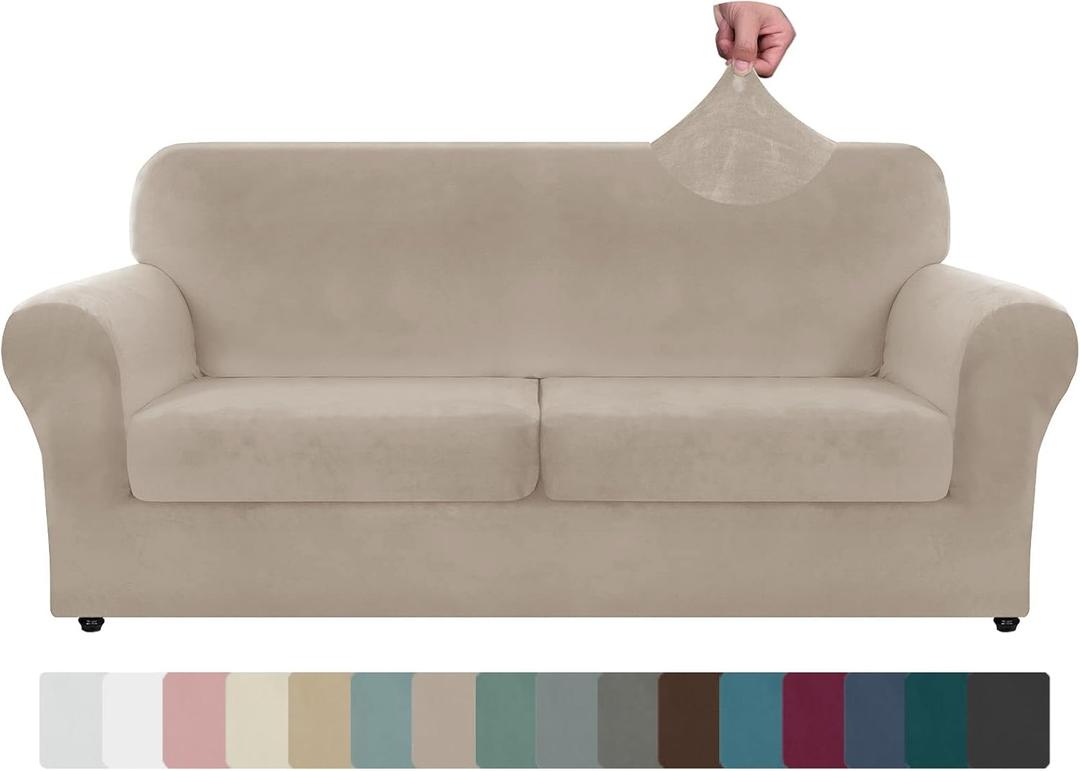 ZNSAYOTX Oversized Velvet 3 Piece Couch Cover with 2 Extra Large Seat Cushion Covers Stretch Sofa Cover for 2 Cushion Couch Thick Loveseat Sofa Slipcover for Living Room (Khaki), 72"-92"(2 Cushions)