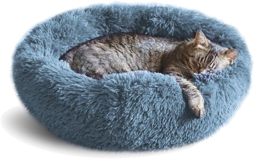 Whiskers & Friends Cat Bed, Cat Beds for Indoor Cats Washable, Orthopedic Soft Fluffy Round Calming Pet Bed for Small to Large Kitty Kittens & Dogs, Small Dog Beds & Furniture (23.00" x 23.00" x 7.00", Navy-Grey)