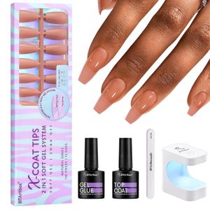 BTArtbox XCOATTIPS Gel Nail Kit - Medium Coffin Press on Nails Pre-applied Tip Primer with Gel Glue and Top Coat, Brown Fake Nails for Daily Nail Art