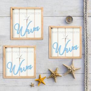 Bdor Wooden Wall Hanging with Rope 9.5x9.5x1.5 Inch Happiness Comes in Waves with Starfish Decor - 3D Wall Art for Bathroom or Coastal Bedroom, Ocean Inspired Beach Decorations Set of 3