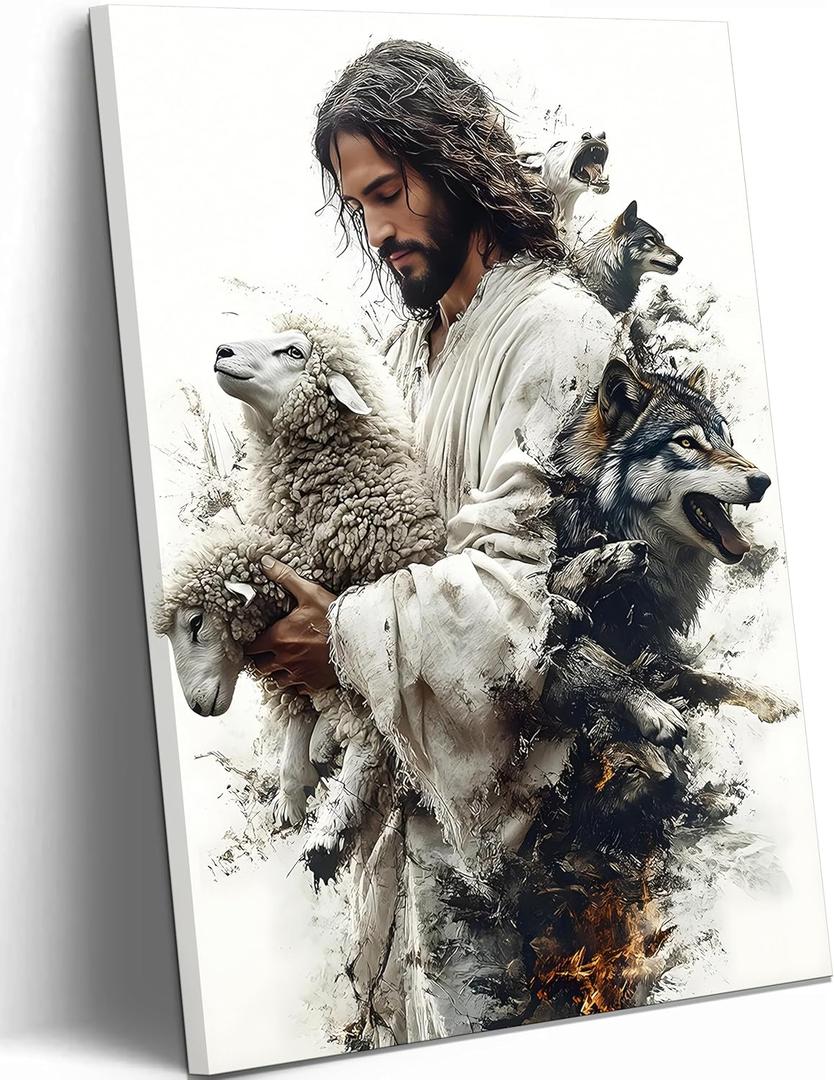 Jesus and Lamb Canvas Wall Art Jesus and the Wolf Poster Print Christian Wall Decor Picture for Living Room Church Home Decoration Prepare to hang (12x16, White)