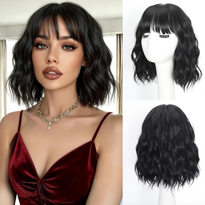 iAelev Black Wig With Bangs Bob Synthetic Curly Wigs Natural Shoulder Length Wig 12 inch for Women Girls Daily Use Colorful Wigs