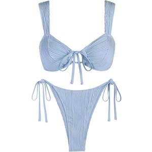 ZAFUL Women's Cinched Bikini Solid Color Wave Textured Knotted Tied Side Two Piece Swimsuit Bathing Suits (1-light Blue), L