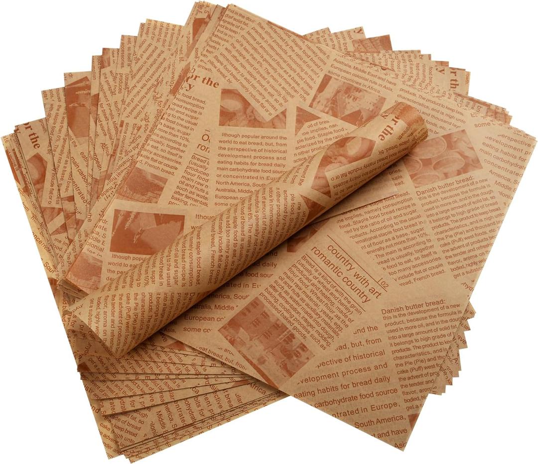 200 Pcs Deli Wax Paper Sheets for Food Basket Liners 10 x 10 Inch Old Newspaper Style Printed Greaseproof Deli Paper for Wrapping Breads Burgers French Fries Sandwiches (Brown)