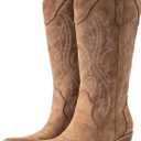 IUV Cowboy Boots For Women Western Cowgirl Boots with Chunky Heel Mid Calf Snip Toe Ideal for low insteps (11.5 Wide, Brown)