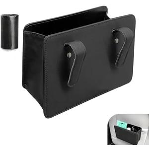 Qurbuns Car Trash Can, Leather Vehicle Trash Bin with 1 Roll Trash Bag, Mini Foldable Seat Back Hanging Storage Bag Container, Waterproof Car Door Storage Box, Universal for Most Cars (Black)