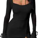 Kaximil Women's Sexy Bodycon Mesh Long Sleeve Square Neck Slit Party Short Mini Dress (Medium, Black)