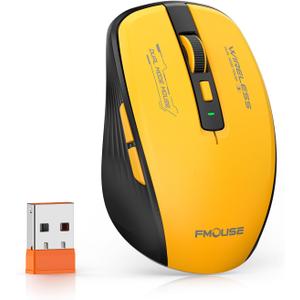 FMOUSE Wireless Mouse (Bluetooth & 2.4GHz USB) with Forward/Backward Side Keys, Silent Click, Ergonomic Portable AA Battery Mice for Laptop/Mac/iPad - Office & Travel Use, Yellow & Black