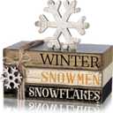 4 Pcs Winter Table Decorations Snowmmen Tiered Tray Decorations Christmas Mini Snowflake Wooden Books Signs for Office Shelf Classroom Tabletop Bookshelf