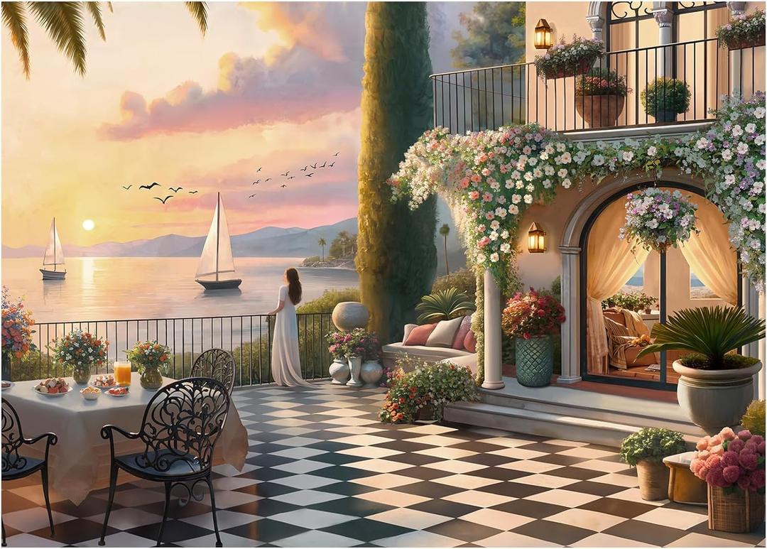 Puzzles for Adults 1000 Pieces, Rocorose Sunset Courtyard Puzzle Sea Landscape Challenging Family Puzzles for Gift Game Night Fun Activity Christmas Home Decor