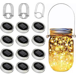 12 Pack Solar Mason Jar Lid Lights - 30 LED Firefly Fairy String Lights, Waterproof Outdoor Solar Lights with Hangers for Regular Mouth Jars (No Jars Included)