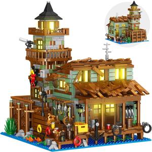 Fishing Village Store House Building Set with LED Light, 1881 PCS Wood Cabin Mini Building Block, STEM Architecture Toys Kit, Birthday Gift for Adults Ages 8-12+ YearsNot Compatible with Set