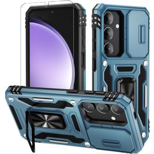 Pack of 5, WRJ for Samsung Galaxy S25/Galaxy S24 Case with Slide Camera Cover and Screen Protector, Military Grade Protection [Rotated Ring Kickstand] Heavy Duty Shockproof Protective Cover-Sky Blue