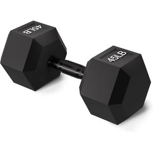 Rubber Encased Exercise & Fitness Hex Dumbbell, Hand Weights with Anti-Slip Metal Handle for Home Gym, Multiple Sizes, 45LB Single
