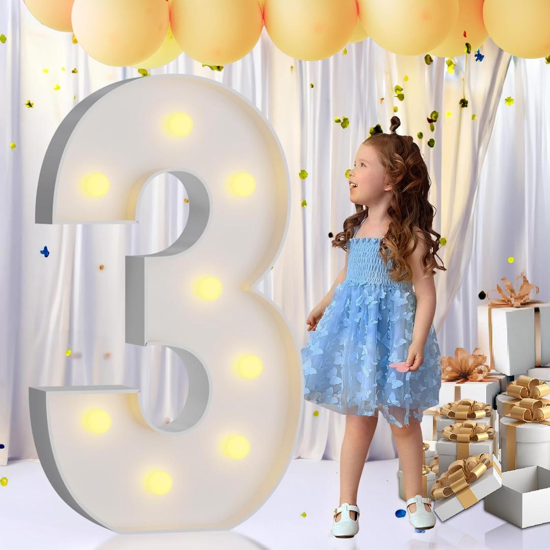 imprsv 3FT Marquee Numbers, Light Up Numbers for 30th Birthday Decorations, Light Up Sign 3 for Wedding Anniversary Party Decor, Pre-Cut Foam Board Kit