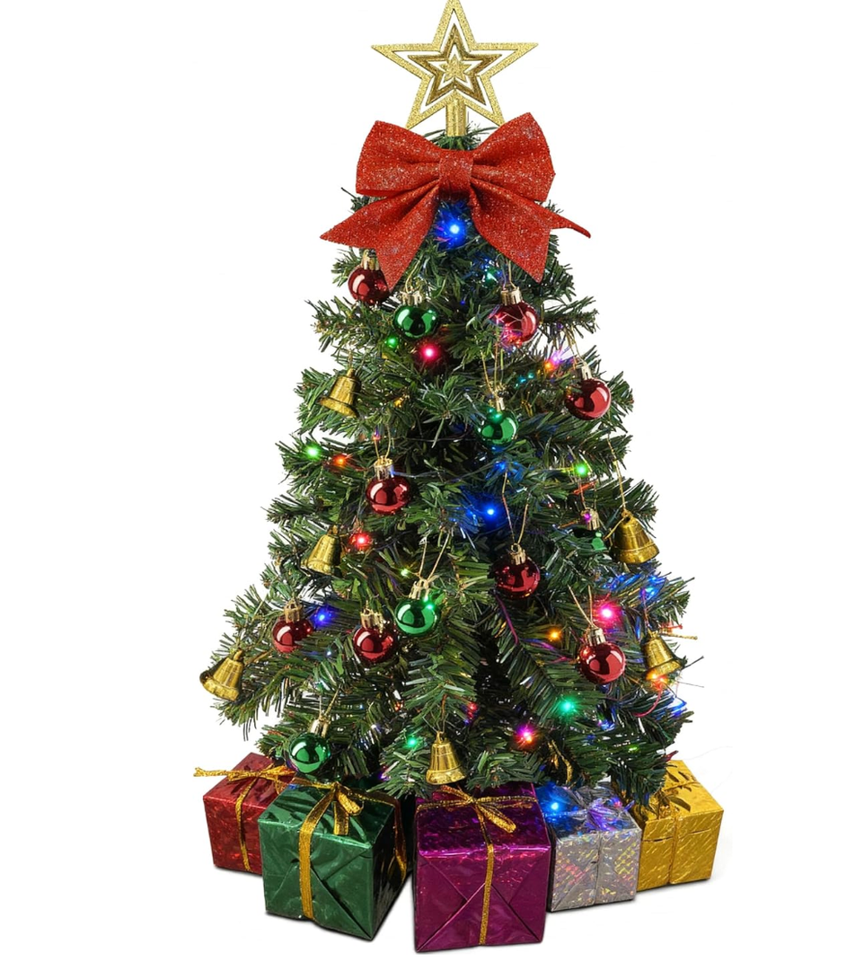 Small Christmas Tree with Lights  23 Inch Mini Tabletop Christmas Tree with MultiColor LED Lights, Hanging Ornaments, Decorative Bow and Gift Boxes  Prelit Table Tree for DIY Christmas Decoration