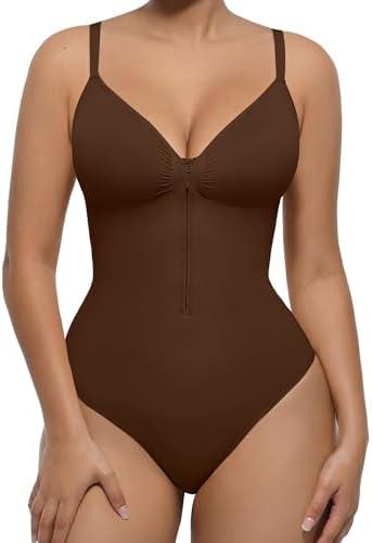 FeelinGirl Shapewear Bodysuit Tummy Control for Women Zip-Up Shapewear Thong Waist V Neck Body Shaper Going Out Size Sma