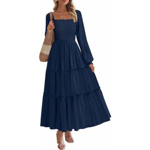 PRETTYGARDEN Fall Dresses for Women 2025 Casual Long Sleeve Smocked Ruffle Flowy Elegant Wedding Guest Maxi Dress Pockets (Large, Navy Blue)