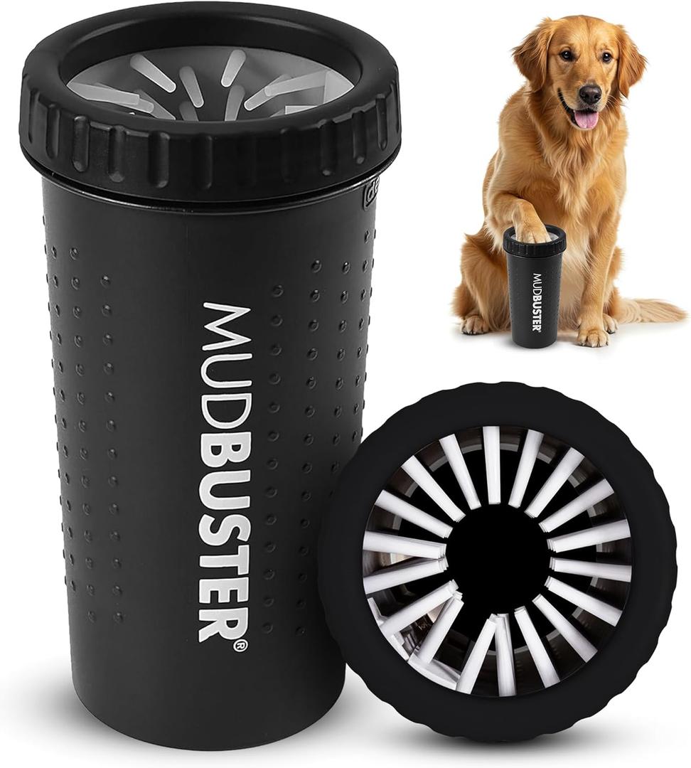 Dexas MudBuster Large Dog Paw Cleaner in Matte Black - Fits 2.5"-3.5" Wide Paws, Portable Paw Washer for Muddy Paws, Dog Paw Cleaning Cup with Gentle Silicone Bristles, Quick Clean Pet Paw Washer