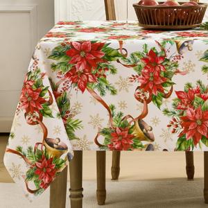 Romanstile Christmas Tablecloth Rectangle, Winter Christmas Red Flower Table Cloth, Washable Farmhouse Vintage Table Cover for Holiday Dinner Party, 60 x 84 Inch