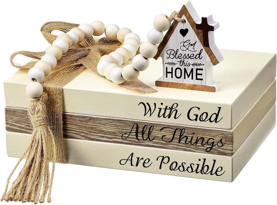 Tatuo 4 Pcs Wooden Farmhouse Decorative Books for Home Decor Coffee Table Faux Books for Decoration White Fake Decorative God Bless Stacked Display Set with Beads Garland Shelf Living Room Decor, God Bless