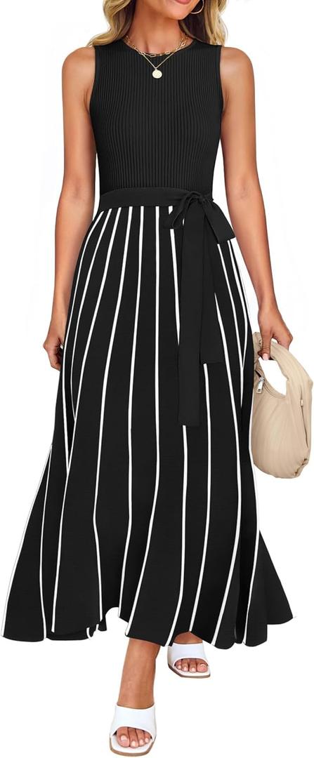 ZESICA Women's Summer Sleeveless Maxi Dress 2025 Crewneck Ribbed Knit Tie Waist Casual A Line Sweater Dresses, Black, L