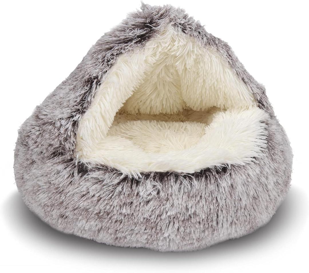ShinHye Cozy Cat Bed - Round Plush Fluffy Hooded Cave, Indoor/Outdoor, Waterproof & Washable (20x20inch, Coffee)