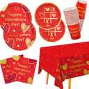 Valentine's Day Party Supplies Red Heart Love Disposable Paper Plates Napkins Cups plastic Tablecloth for Valentine's Day, Engagements, Anniversary, Birthday Party Serve 25