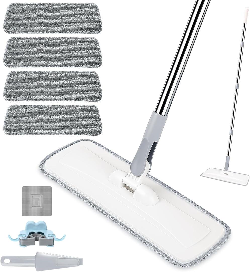 Microfiber Mop for Cleaning Floors,55 Inch Extendable Flat Mop with 4 Reusable Washable Pads, 1 hook, 1 wall piece, and 1 scraper, Wet Dry and Dust Mops for Bathroom Kitchen, Floor,Ceramic Tiles (White+Grey)