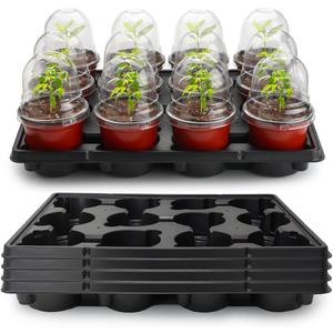 4 Inch 60 Pack Nursery Pots with Humidity Domes & 5 Pack 12 Cell Round Seedling Pot Carrying Trays, Sturdy Seeds Starter Pot Germination Set, Small Planter Nursery Propagation 5 Sets (Red + Black + Clear)