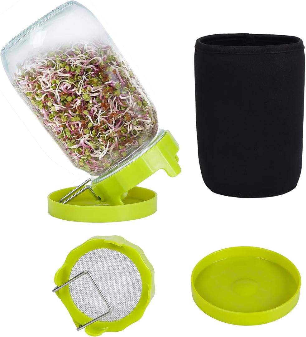 Sprouting Kit Sprouts Growing Kit 34oz Wide Mouth Seed Sprouting Jar Germination Kit 304 Stainless Screen Lid and Stand Blackout Sleeve Tray for Growing Bean Alfalfa Sprout Seeds